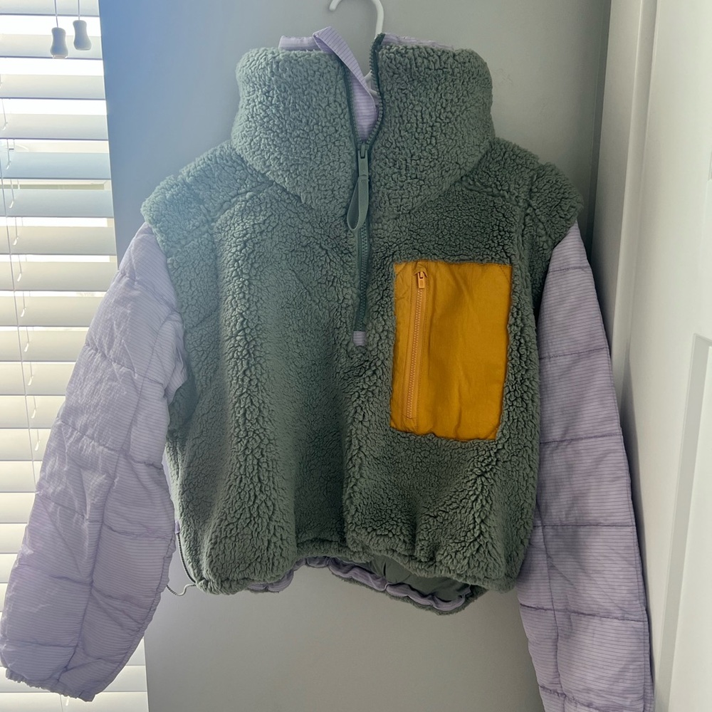 Free People Green and Purple Puffer Jacket with Yellow Pocket